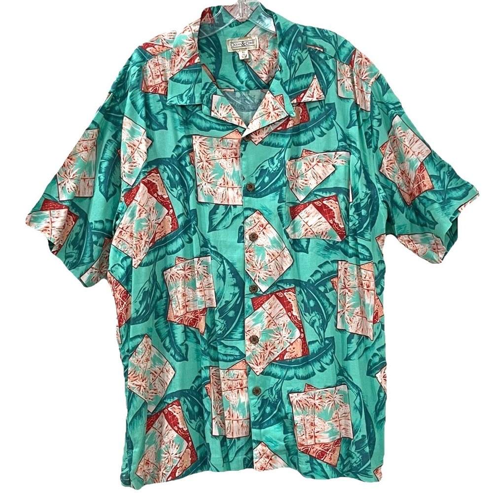 Ocean & Coast Men's Hawaiian Shirt XL Green‎ Button-Up S/Sleeve Marlin Palm Tree